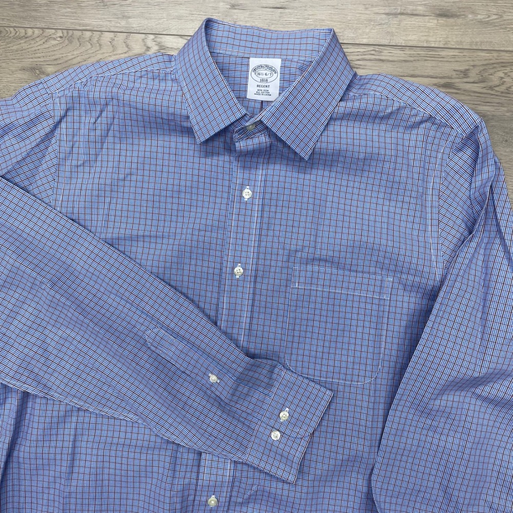 Brooks Brothers Regent Dress Shirt Mens 16.5 6/7 Blue Red Check Non-Iron Cotton